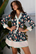 Blue Floral Print Striped Trim V Neck Long Sleeve Ruffle Hem Shift Mini Dress