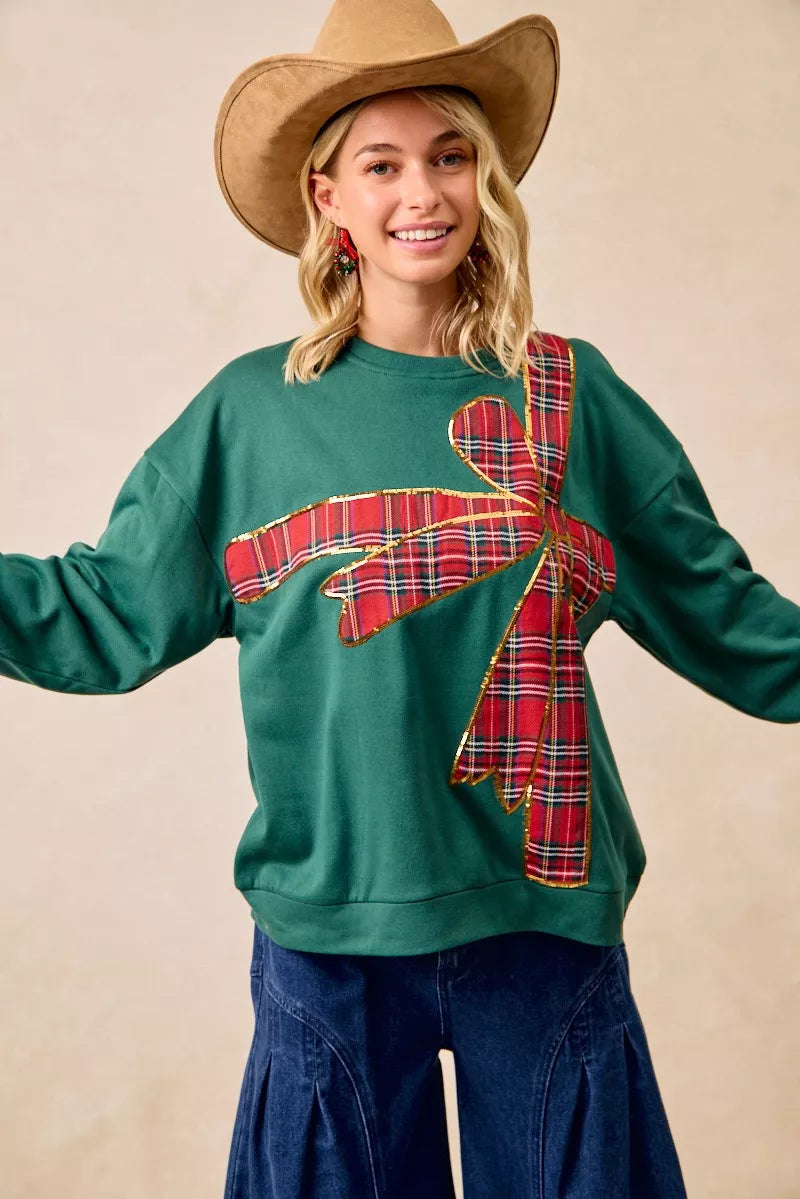 Plaid Ribbon Bow Detail Christmas Fleece Pullover
