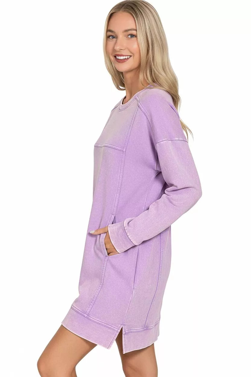French Terry Acid Washed Dress with Pockets