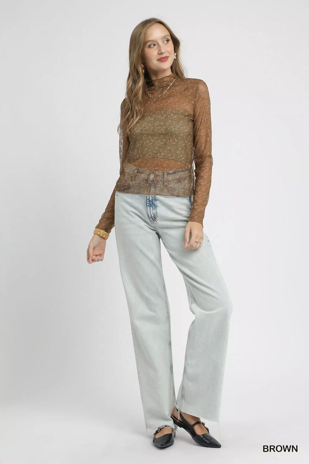 Nylon Lace Mesh Long Sleeve Top