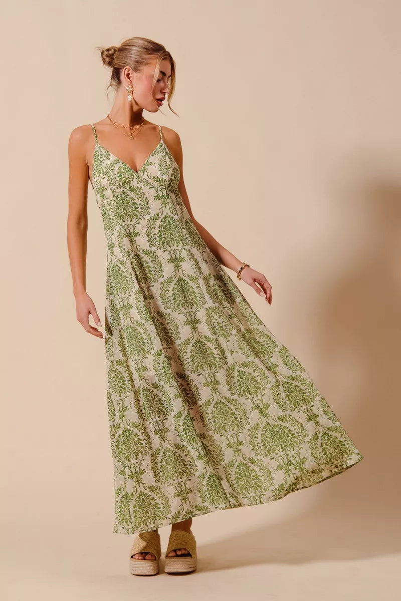 Damask Floral Summer Maxi Flowy Dress With Open Back