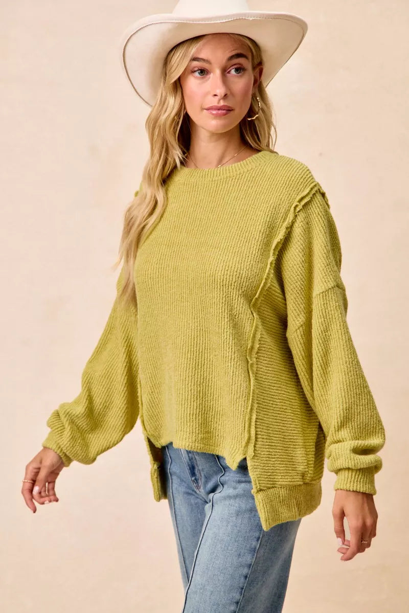 Boucle Rib Knit Uneven Hem Sweater With Open Seam