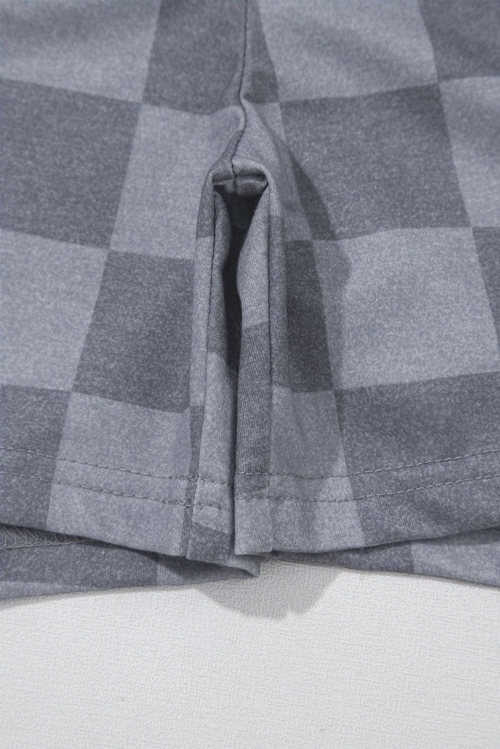 Gray Checkered V Neck Tee Drawstring Shorts Lounge Set