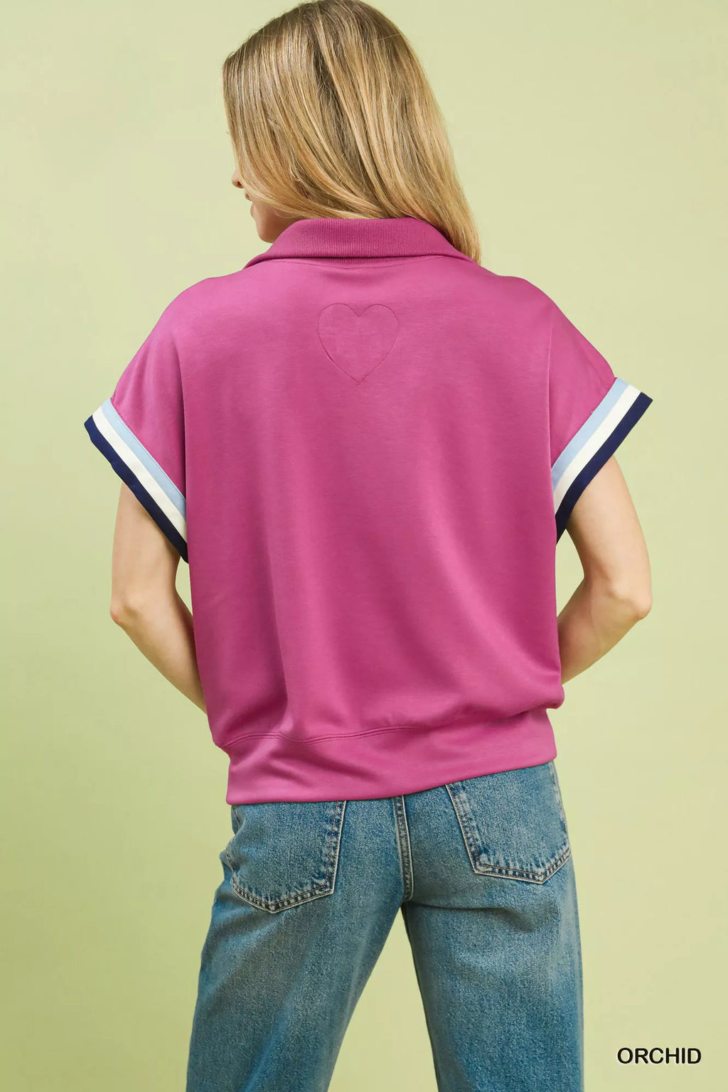 Zip Front Casual Top with Contrast Stripe Trim