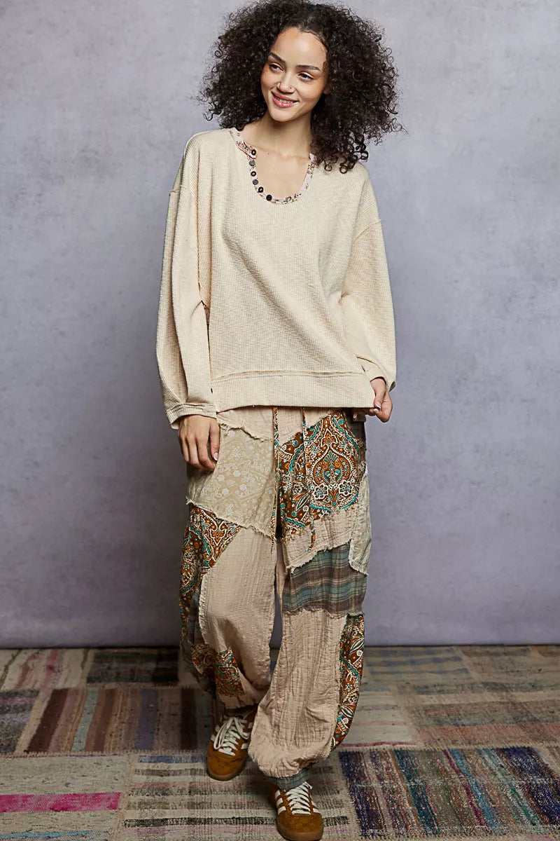 Balloon Sleeve Oversized Ribbed Top with Floral Pattern Contrast