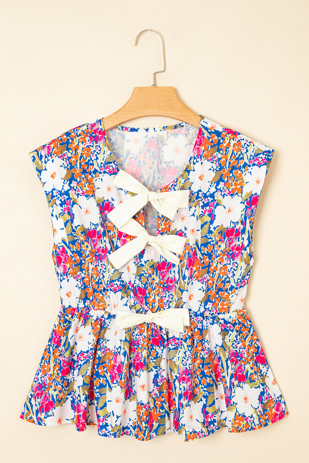 Rose Green Floral Print Bow Applique Slit Sleeveless Peplum Blouse