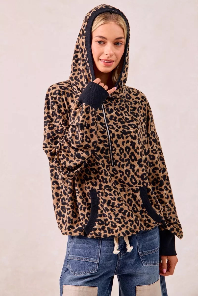 Leopard Print Waffle Half Zip Up Hoodie W Pocket