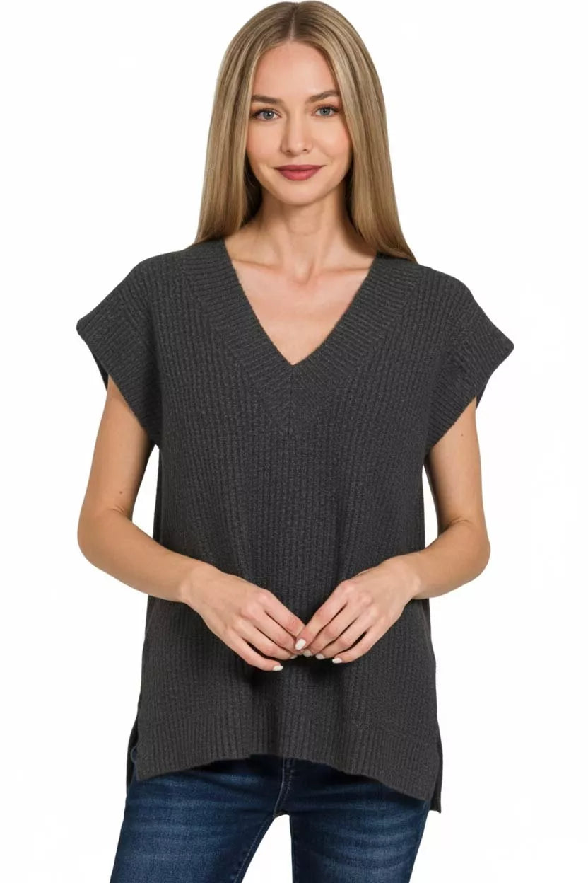 Ribbed Slit V-Neck Sweater Vest