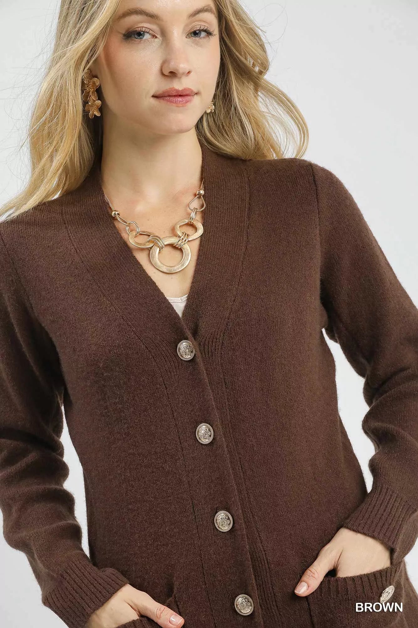 Button-Down Longline Sweater Cardigan with Front Pockets