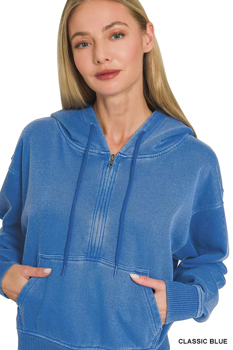 Fleece Pigment Dye Half Zip Kangaroo Pocket Hoodie