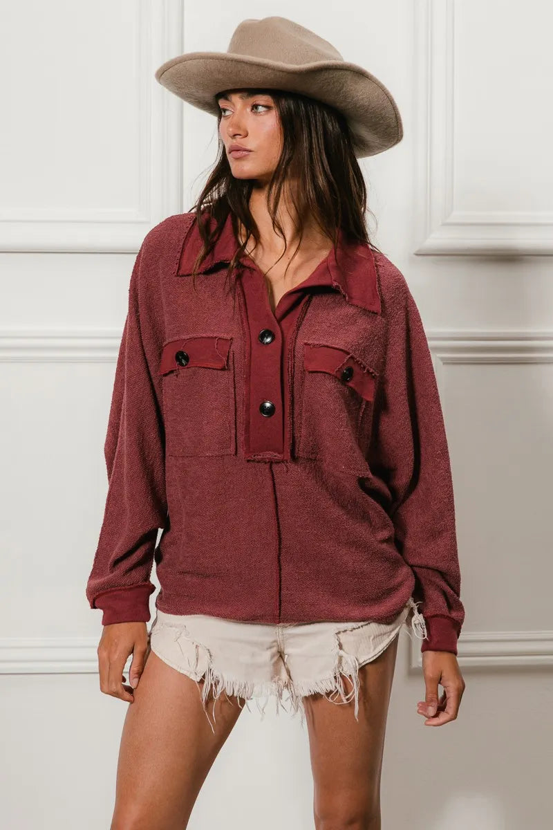 Cp French Terry Cut Edge Detail Collared Top