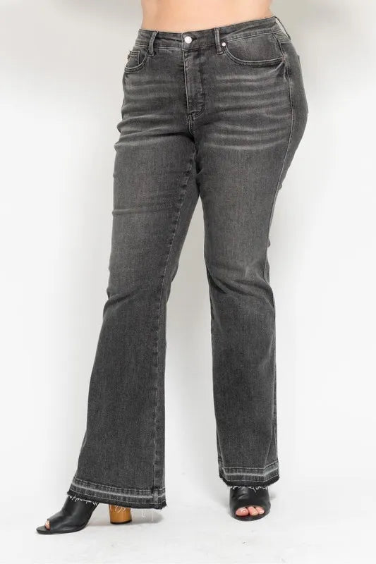 Full Size Mid Rise Tummy Control Washed Gray Release Hem Flare Jeans Plus Size
