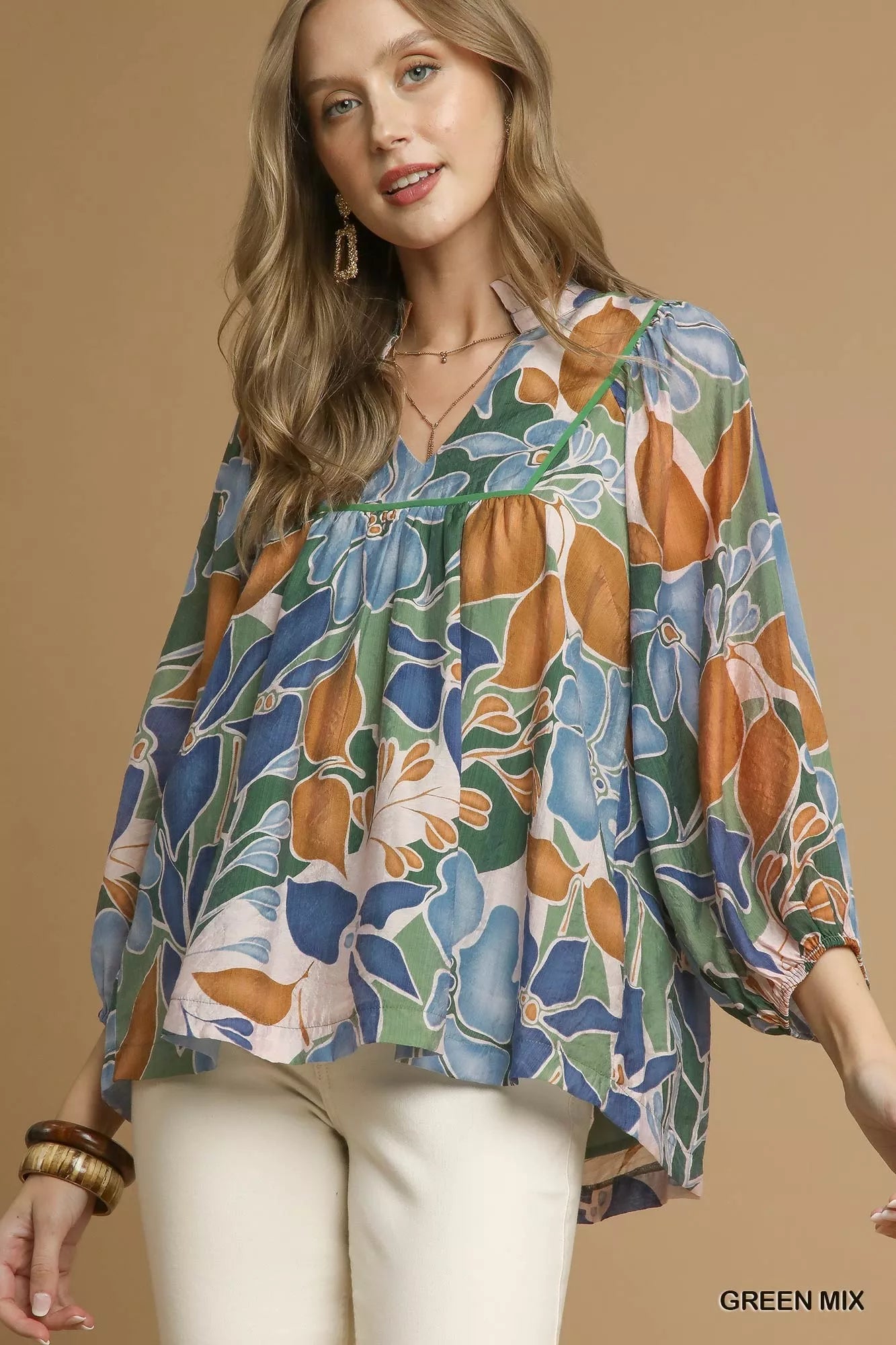 Multicolor Abstract Floral Print Blouse with Ruffle Neck