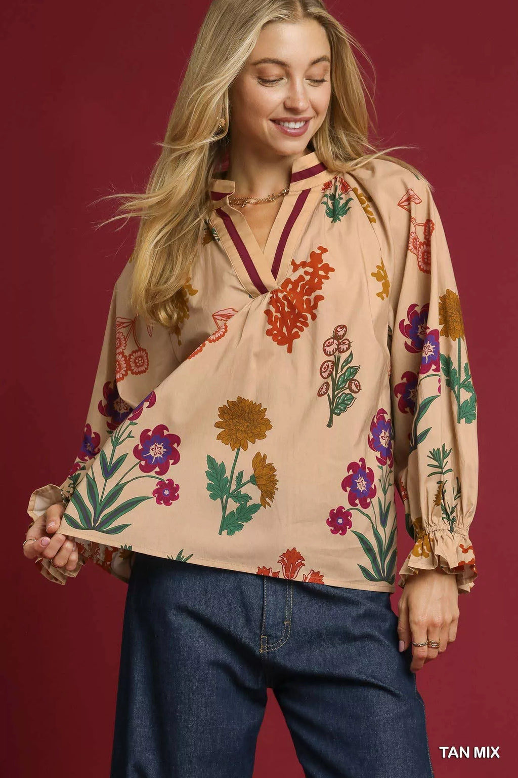 Floral Print Flounce Sleeve Blouse