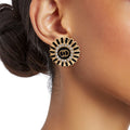 Round Gold and Black Lined Stud Earrings Stylish Fashion Jewelry