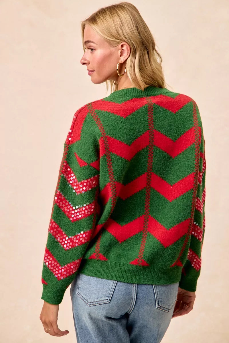 Christmas Theme Chevron Sequins Detail Sweater