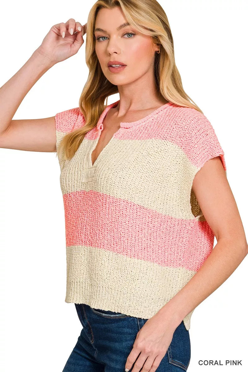 Split Neck Sleeveless Stripe Sweater