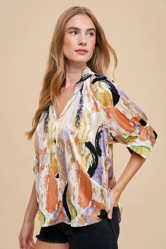 Multi Color Printed V-Neck Open Woven Blouse Top