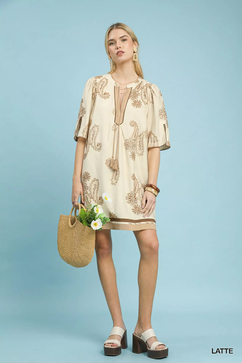 Embroidered Split Neck Shift Dress