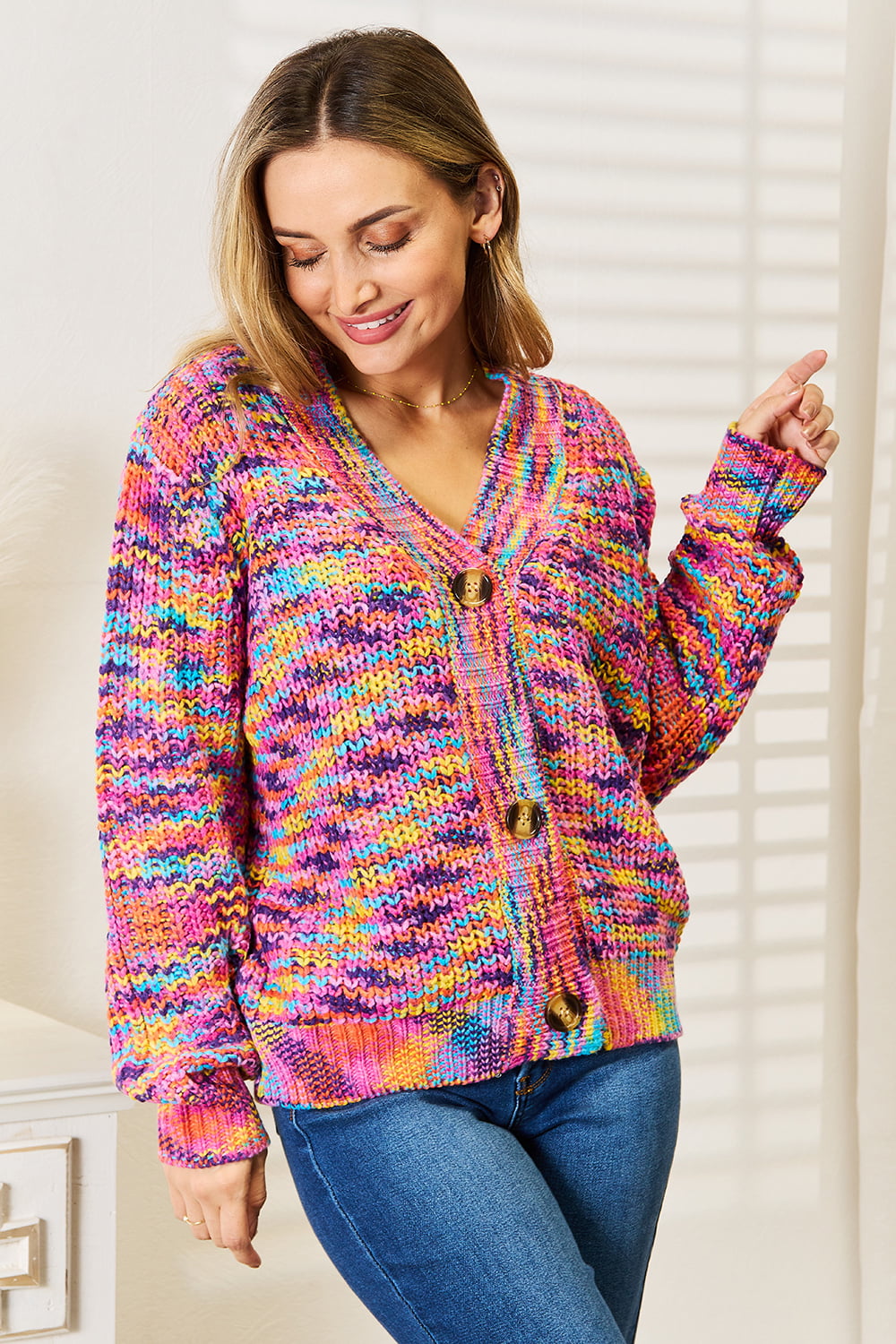 I am A Fashion Junky Woven Right V-Neck Long Sleeve Cardigan