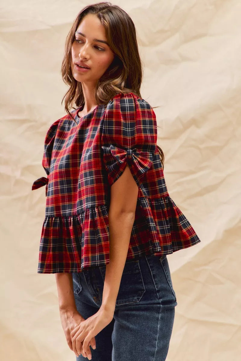Christmas Holiday Plaid Ribbon Short Sleeves Top