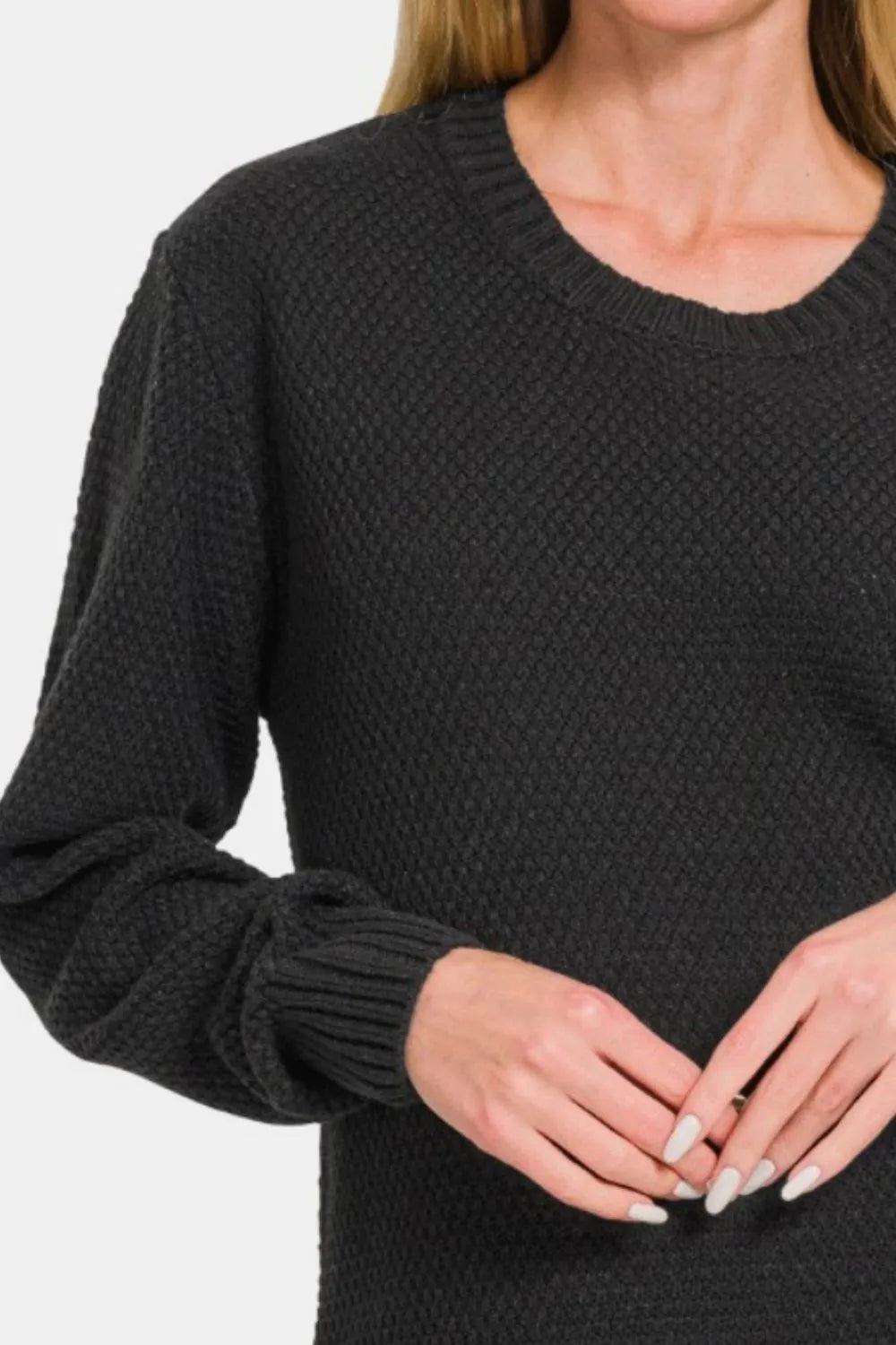 Full Size Round Neck Long Sleeve Curved Hem Sweater