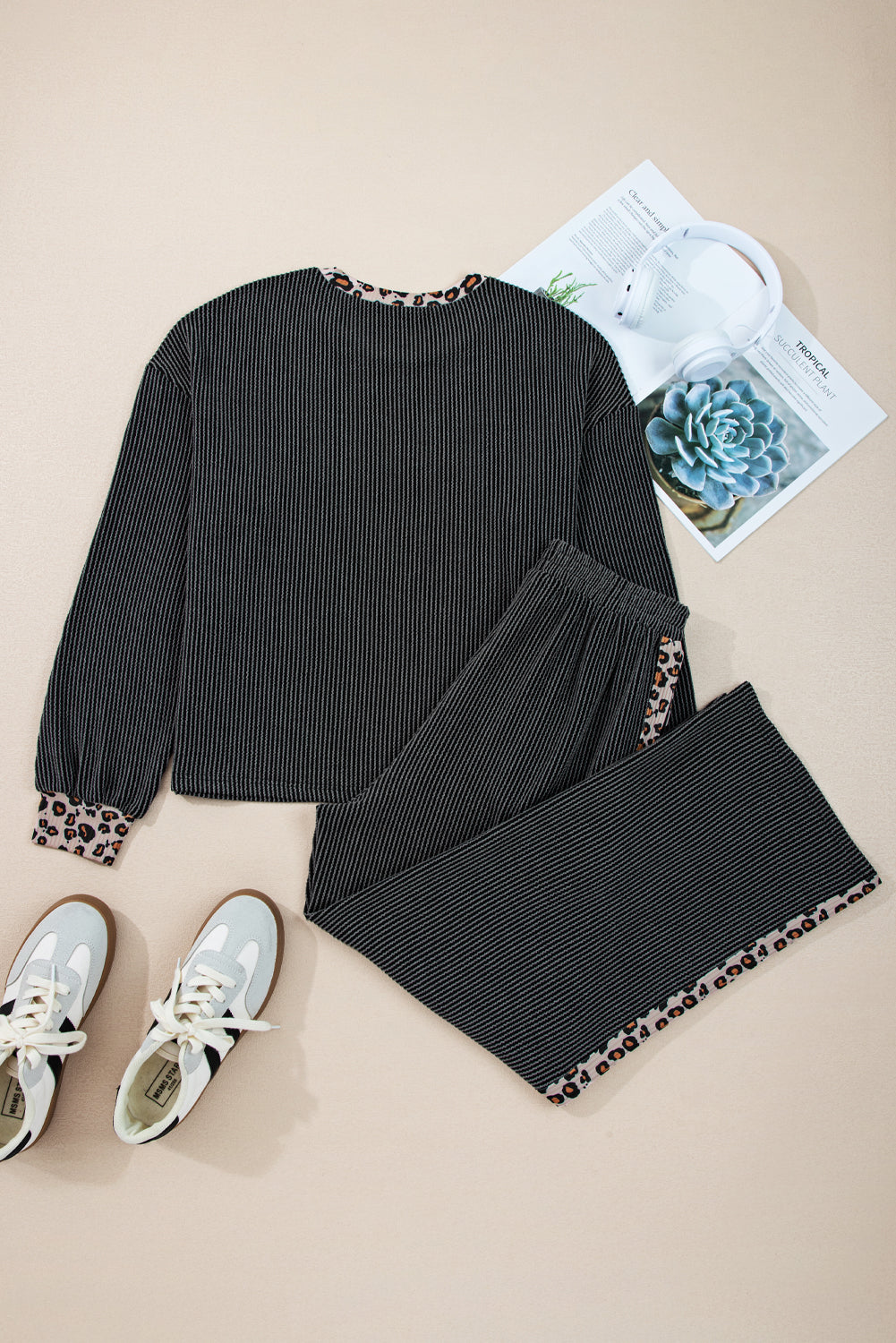 Carbon Grey Twisted Rib Texture Leopard Patchwork Detail 2pcs Pant Set