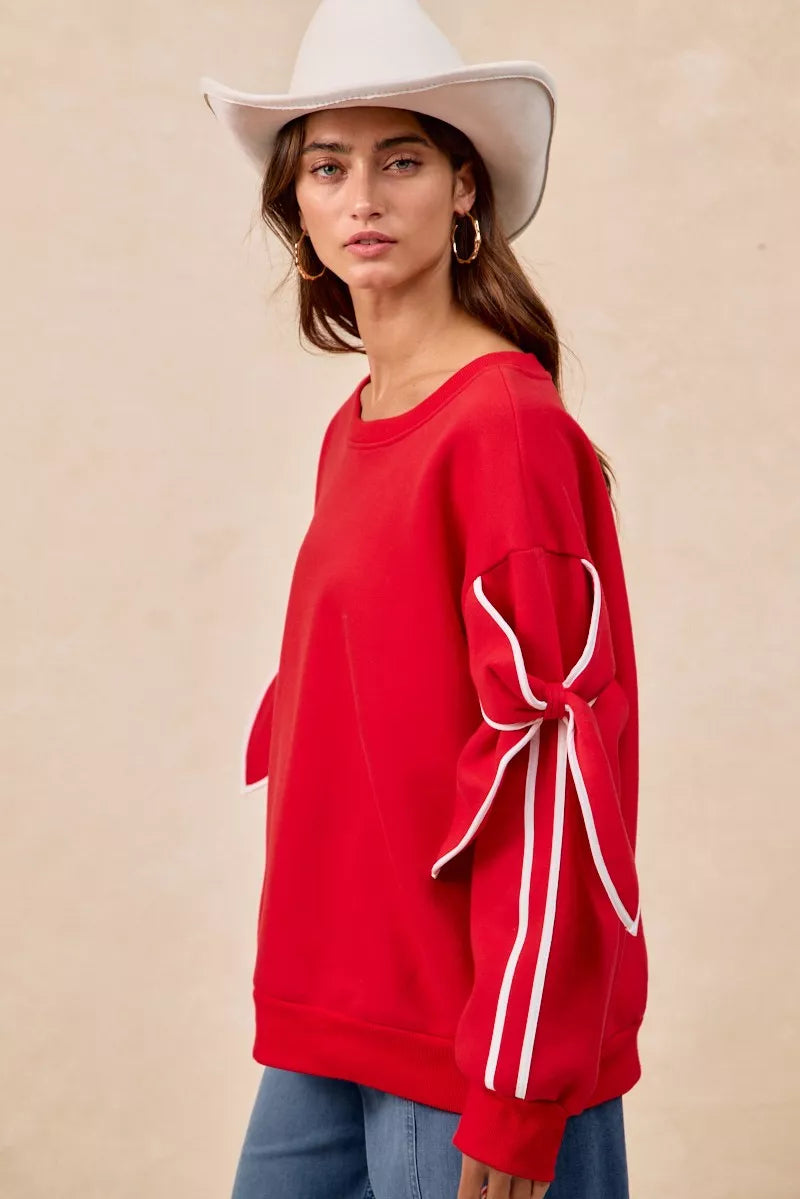 Bow Detail Sleeves Fleece Sweatshirt