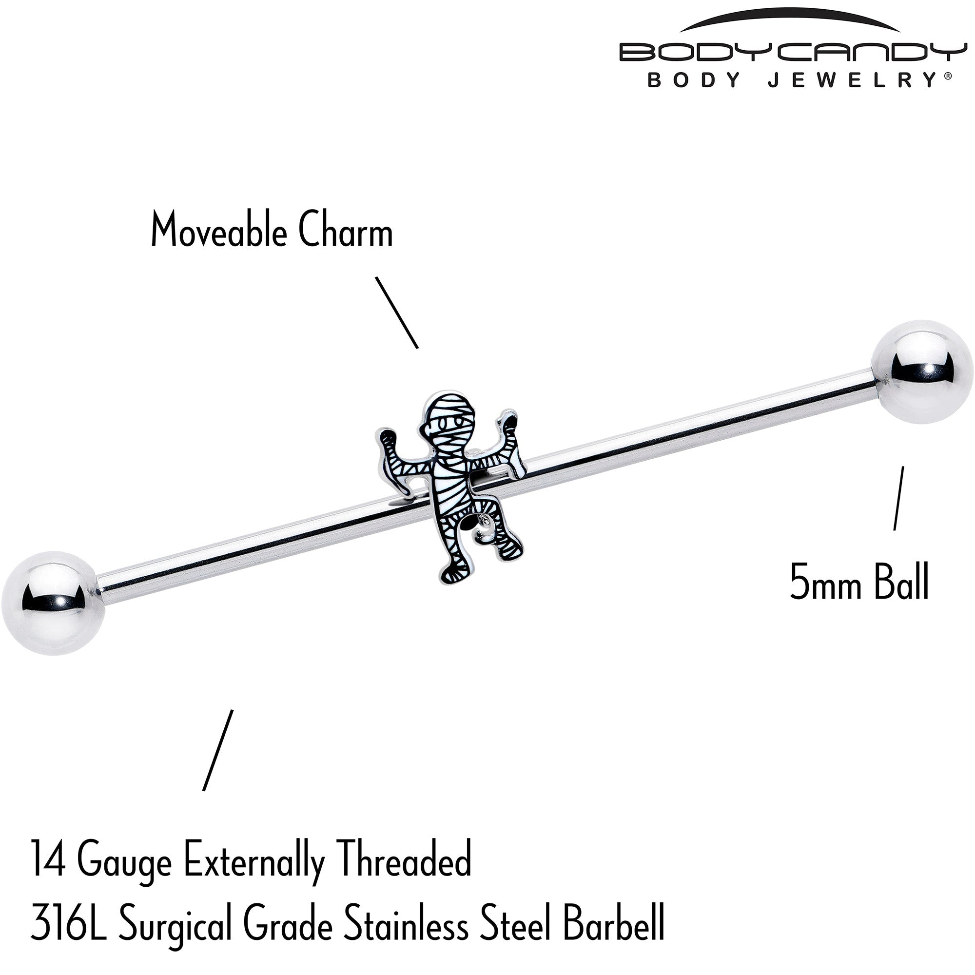 14G Two Tone Halloween Mummy Industrial Barbell 38mm