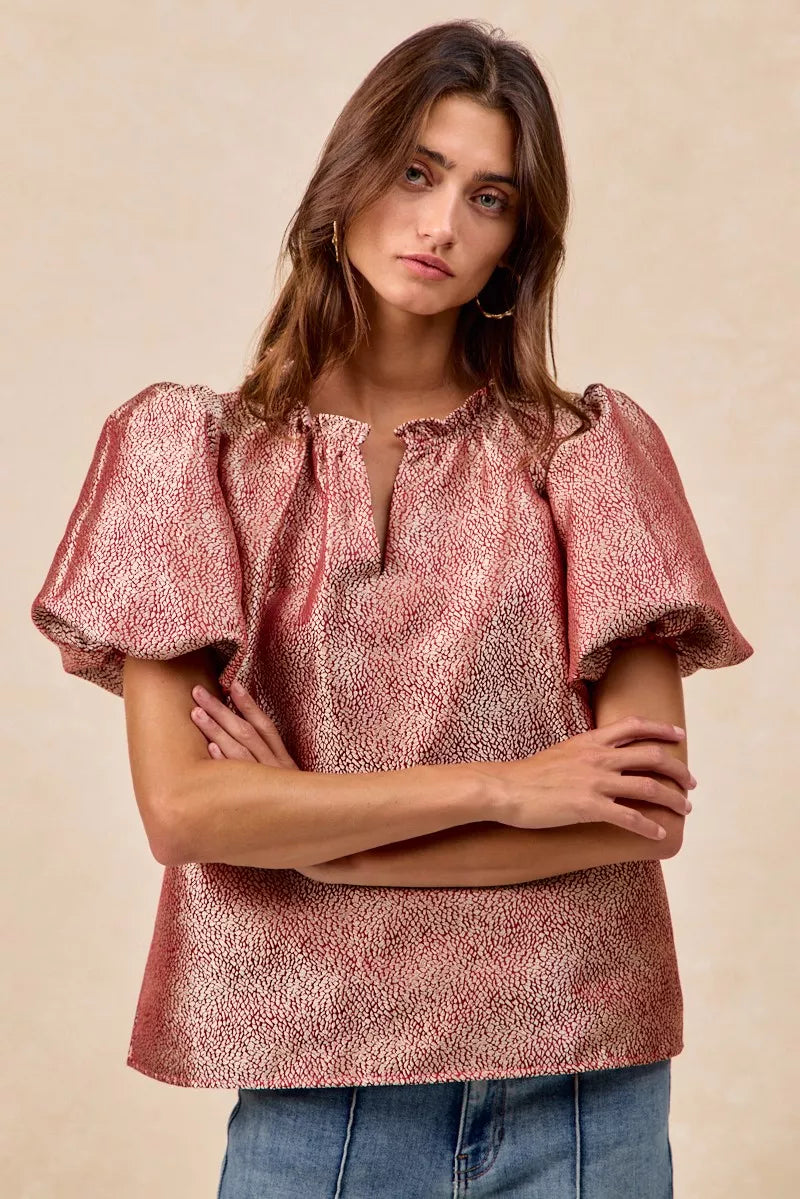 Jacquard Woven Short Balloon Sleeves V Neck Top