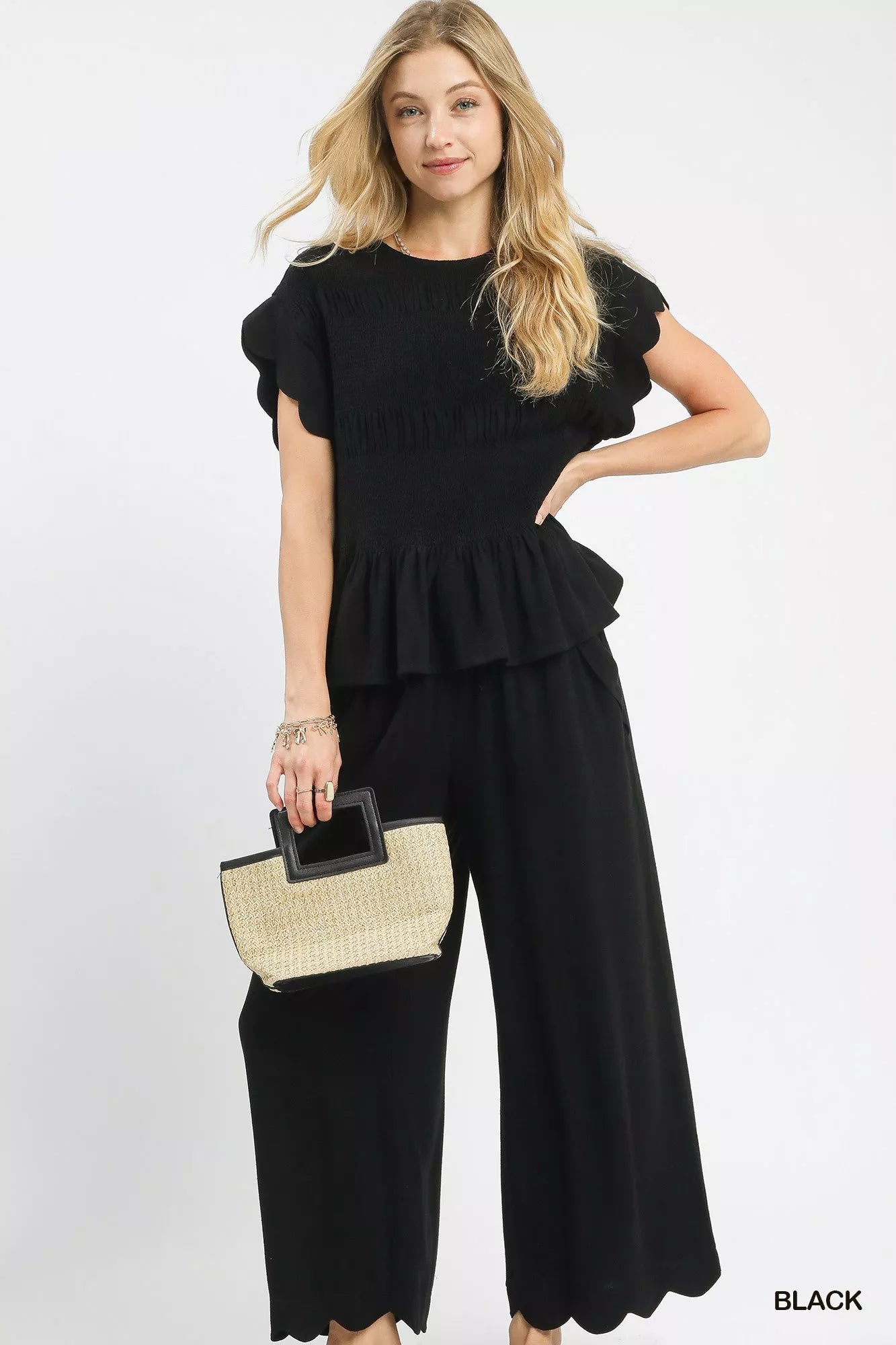 Linen Blend Smocked Peplum Blouse