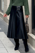 Black Faux Leather Retro Buckle Detail Pleated Stitch Flared Midi Skirt