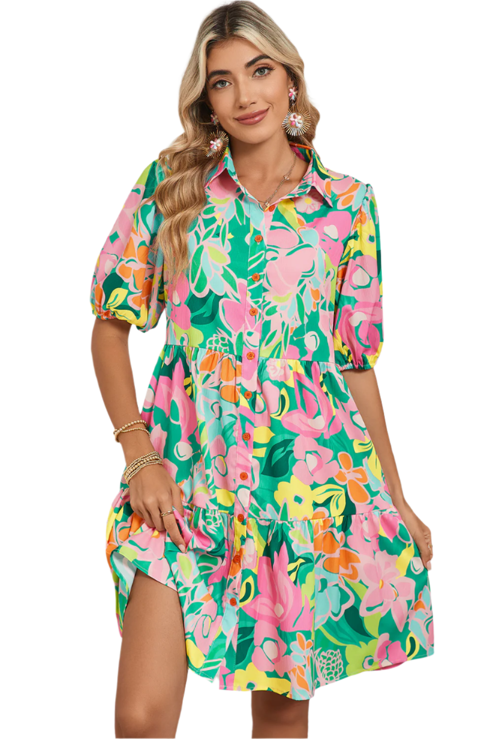 Green Floral Puff Sleeve Buttoned Babydoll Dress