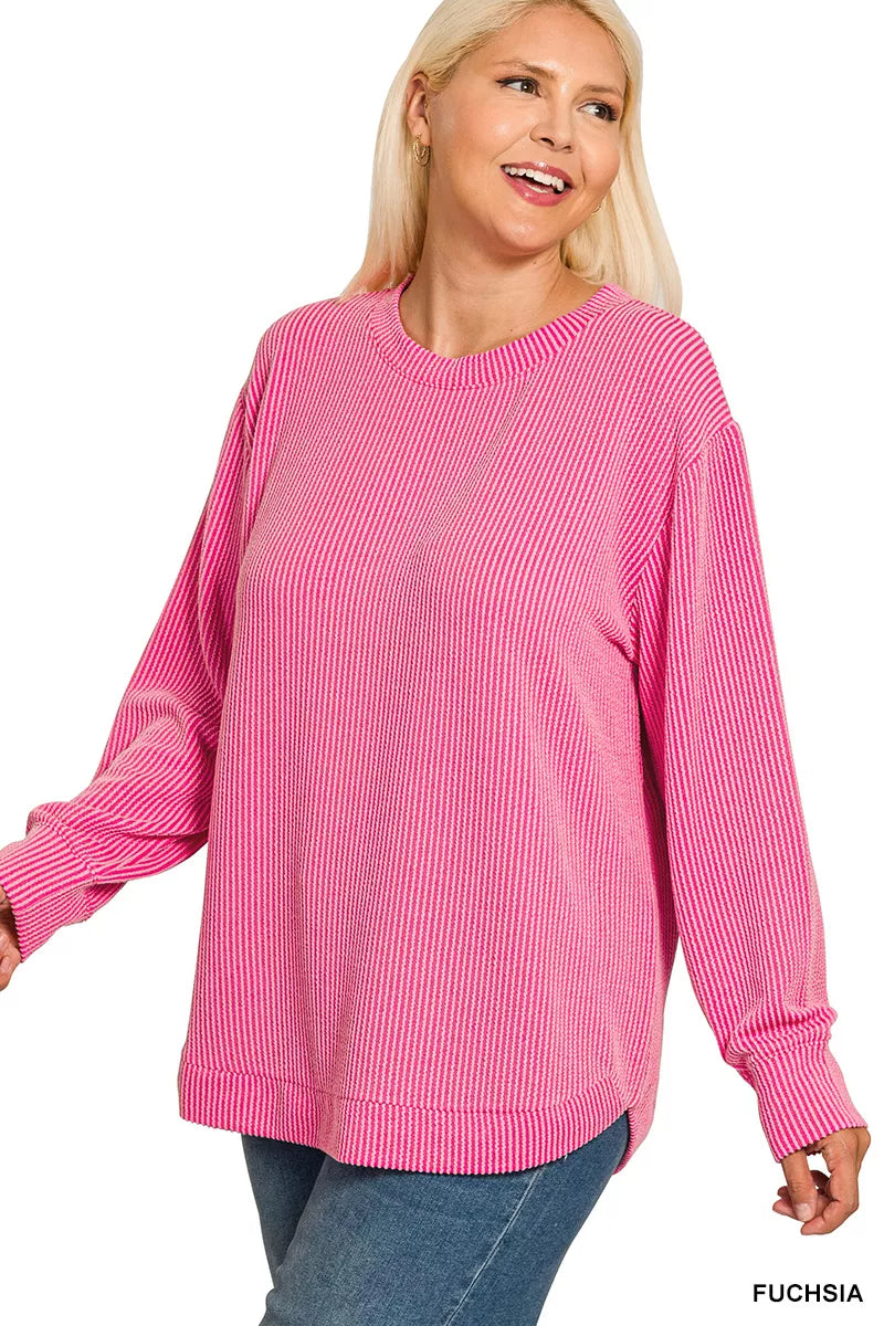 Full Size Raised Rib Round Neck Long Sleeve Top Plus Size