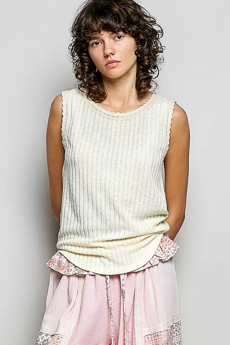 Ribbed Round Neck Tank with Lace Trim