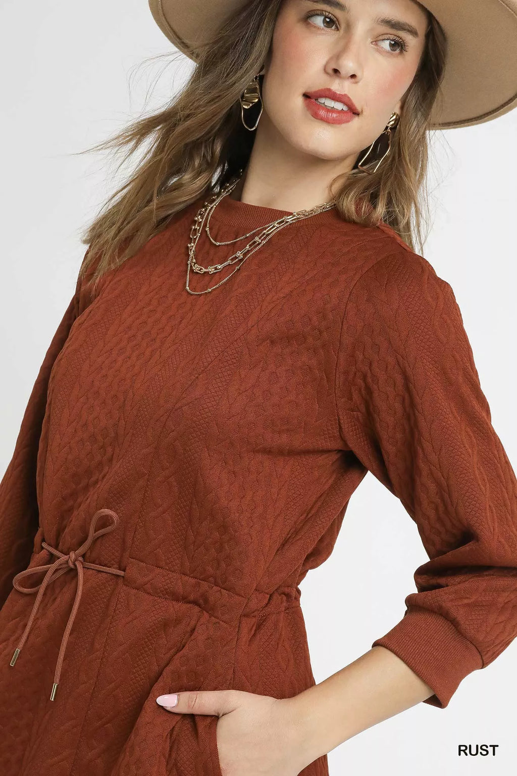 Drawstring Cable Knit Mini Dress with Pockets
