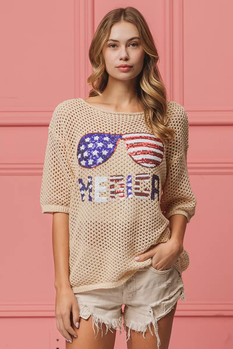 Sequin American Flag Sunglasses Knit Cover Up