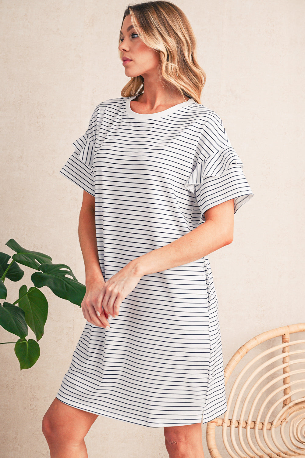 White Stripe Ruffle Short Sleeve T Shirt Mini Dress