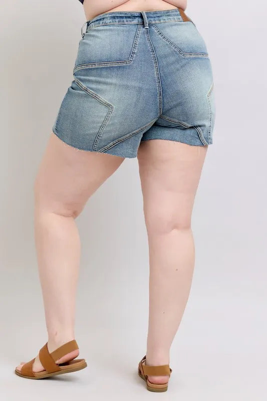 Full Size High Waist Star Seam Detail Denim Shorts Plus Size