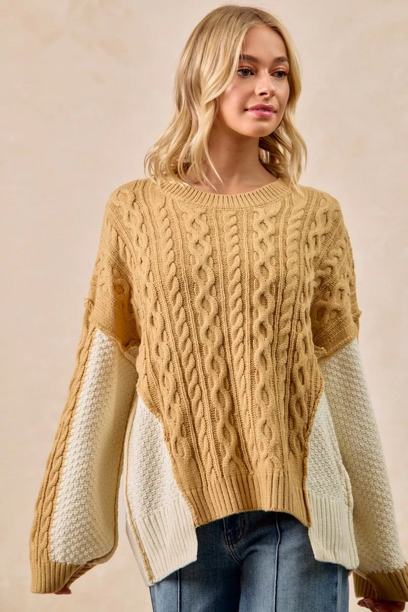 Cable Knit With Hacci Combo Sweater With Uneven Hem Detail