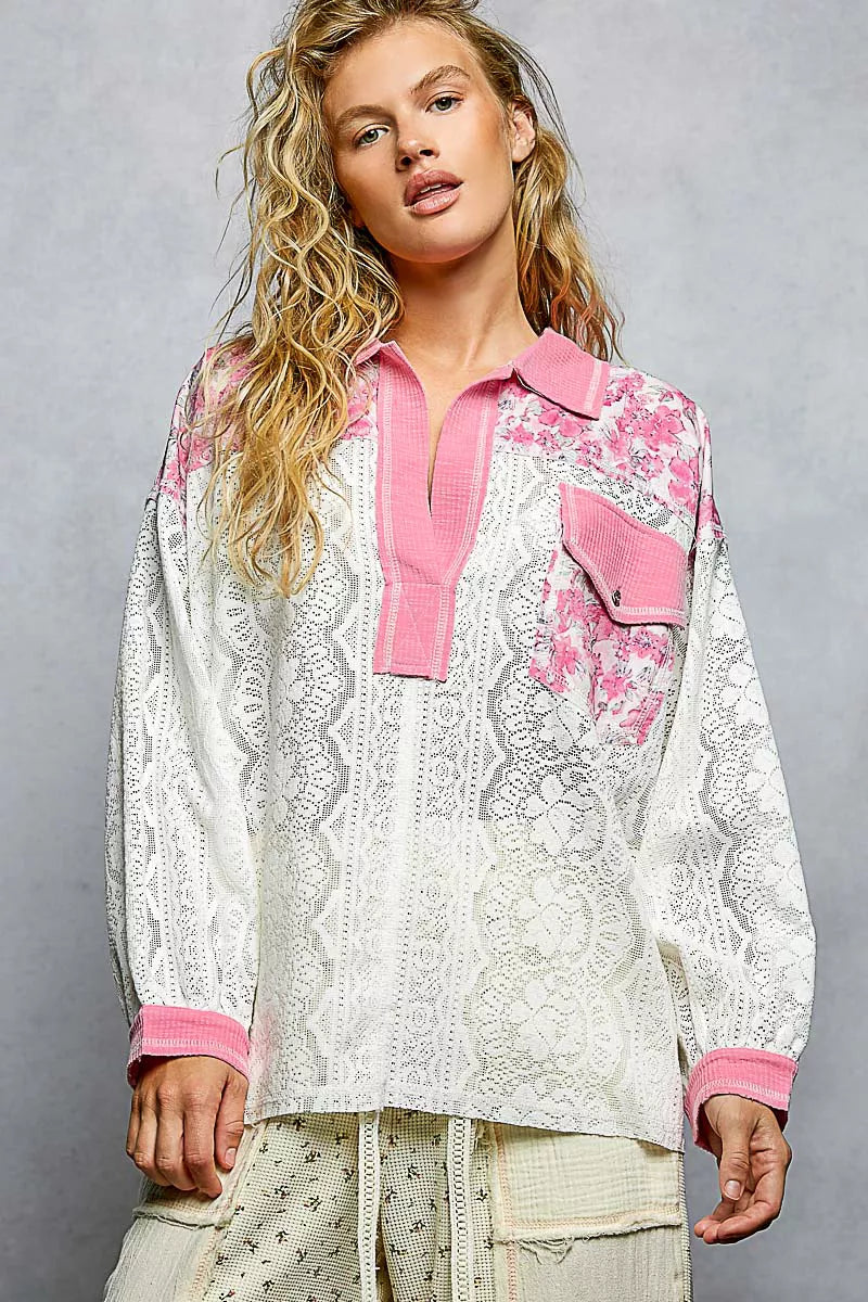 Floral Print Long Sleeve Lace Shirt with Front Pocket