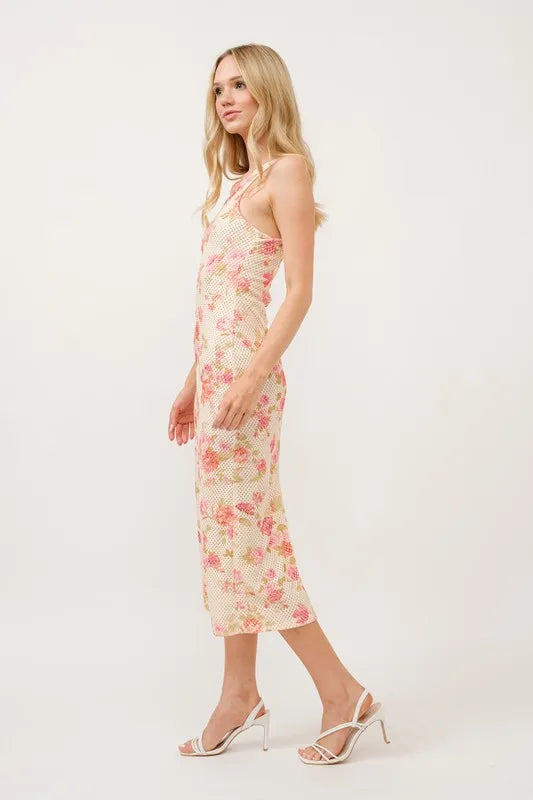 Floral Fishnet Bodycon Midi Dress