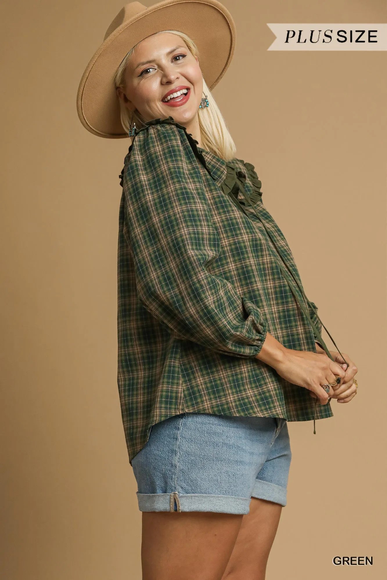 Full Size Plaid Ruffle Collar Blouse Plus Size