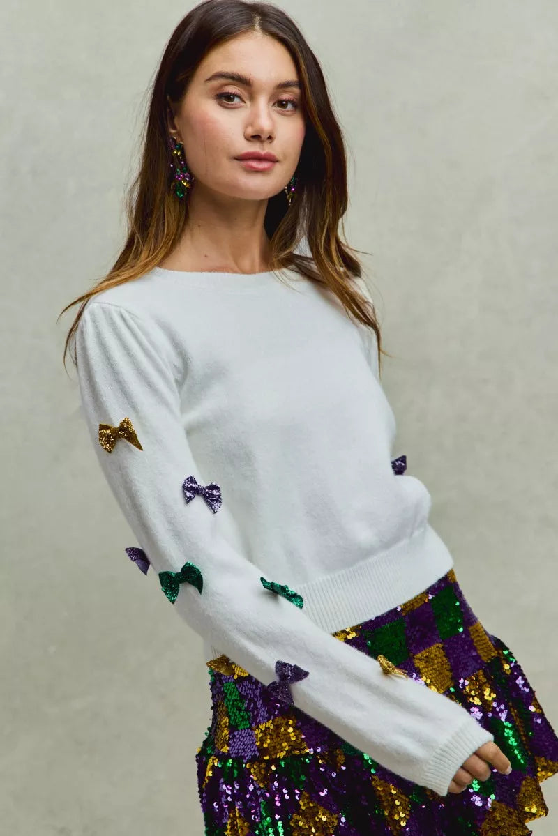 Mardi Gras Glitter Bow Ribbon Sweater Knit Top
