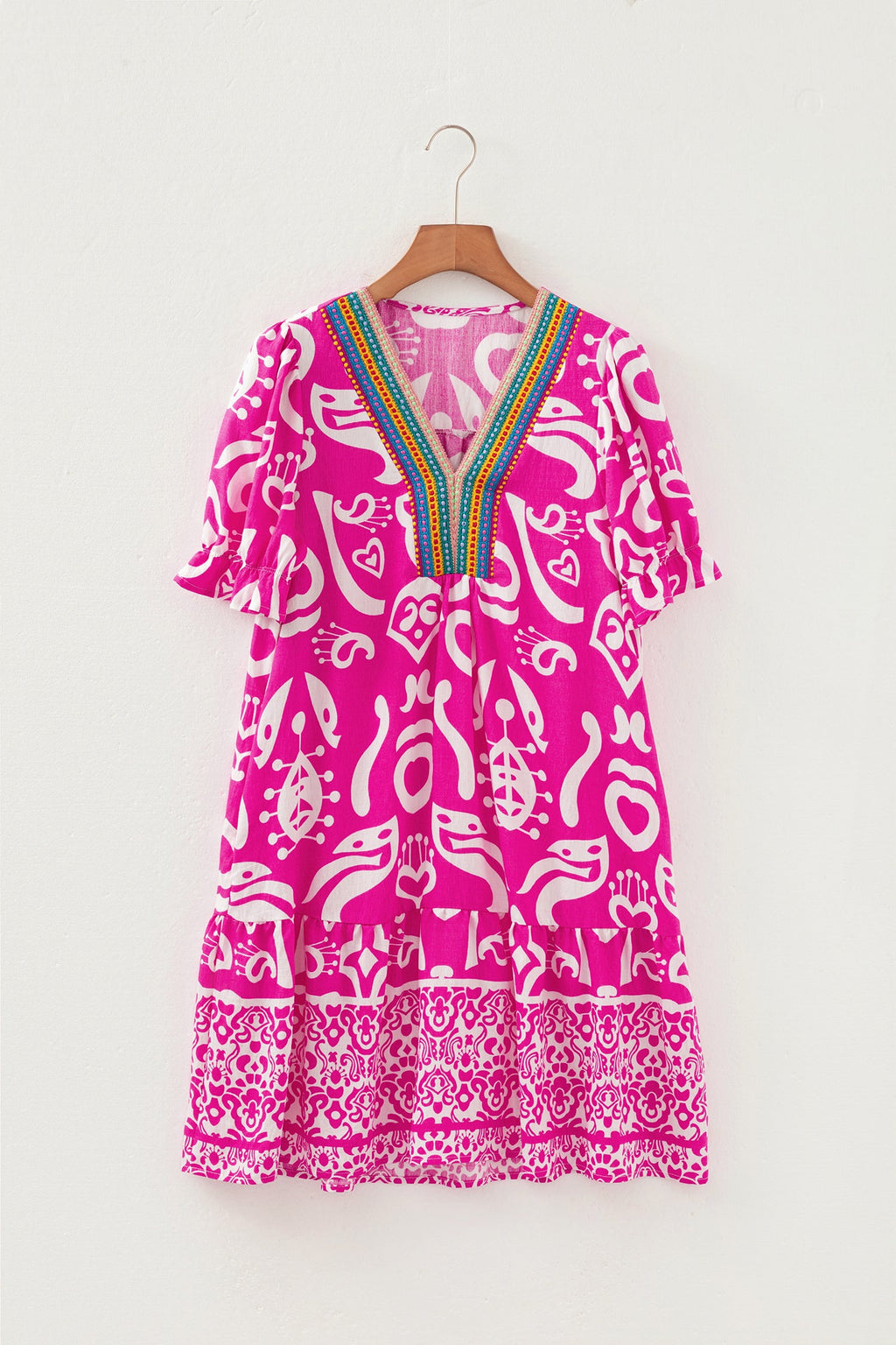 Rose Boho Mixed Print Contrast Trim V Neck Short Sleeve Flared Dress