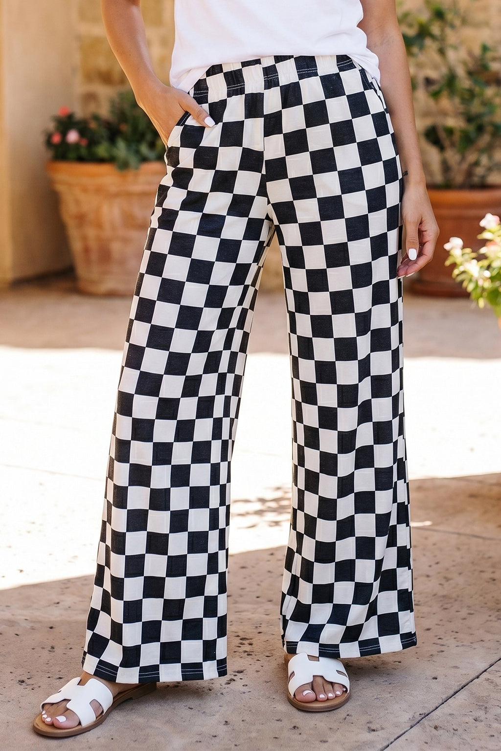 Black 2-Tone Checked Print High Waist Wide Leg Pants