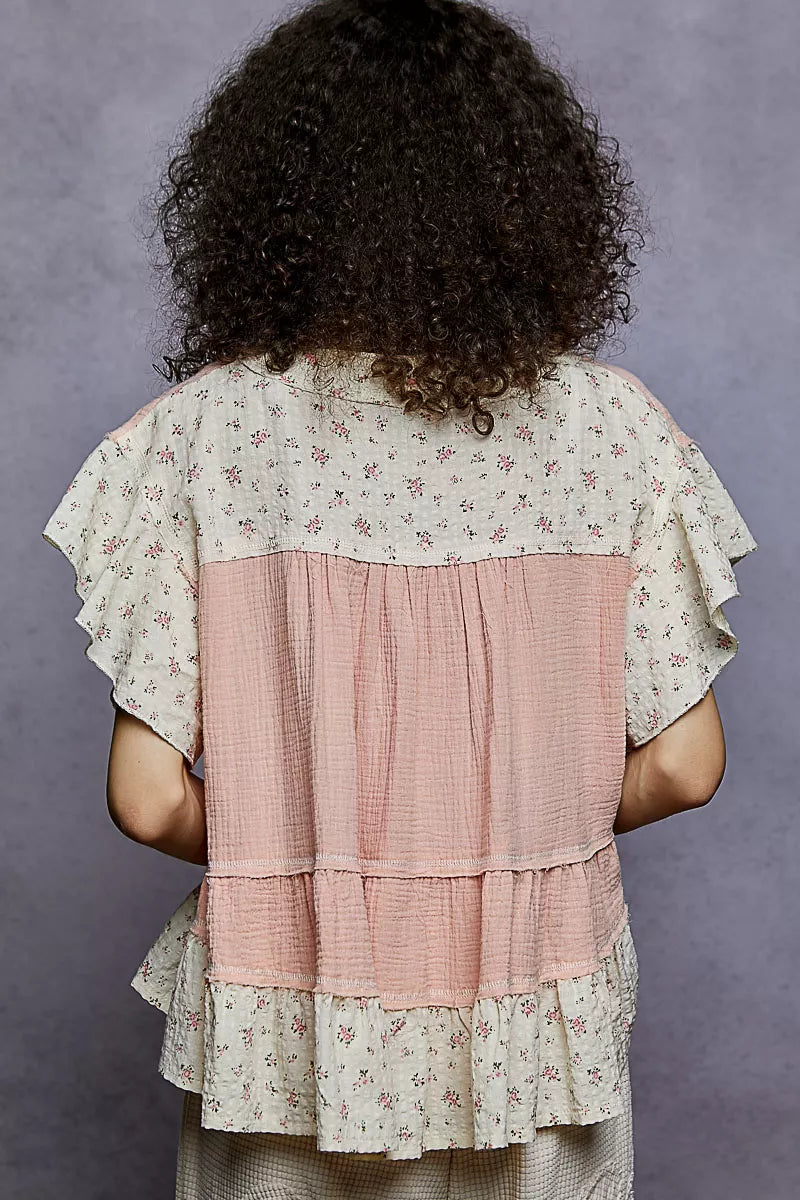Floral V-Neck Short Sleeve Ruffled Double Gauze Blouse with Embroidery Detail