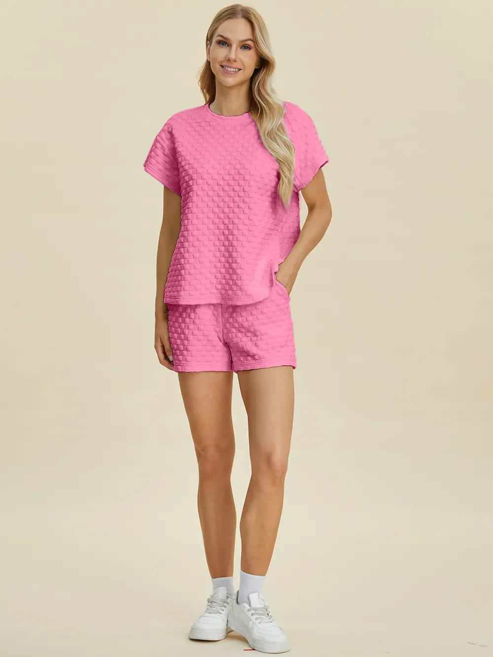 Double Take Full Size Texture T-Shirt and Shorts Set