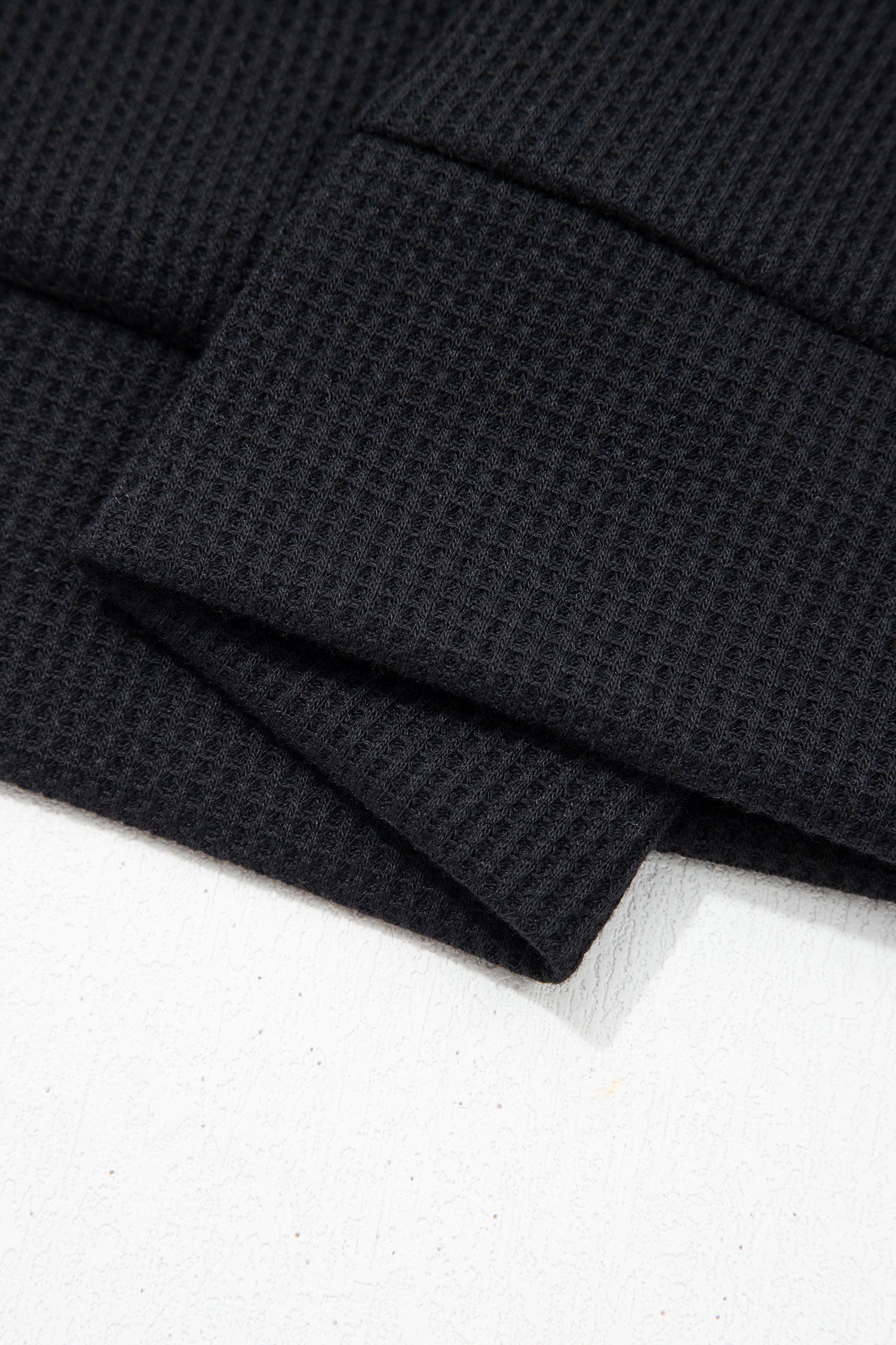 Black Waffle Knit Denim Contrast Trim Patchwork Button Collar Top