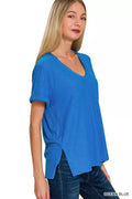 Slub Rolled Short Sleeve V-Neck Tee